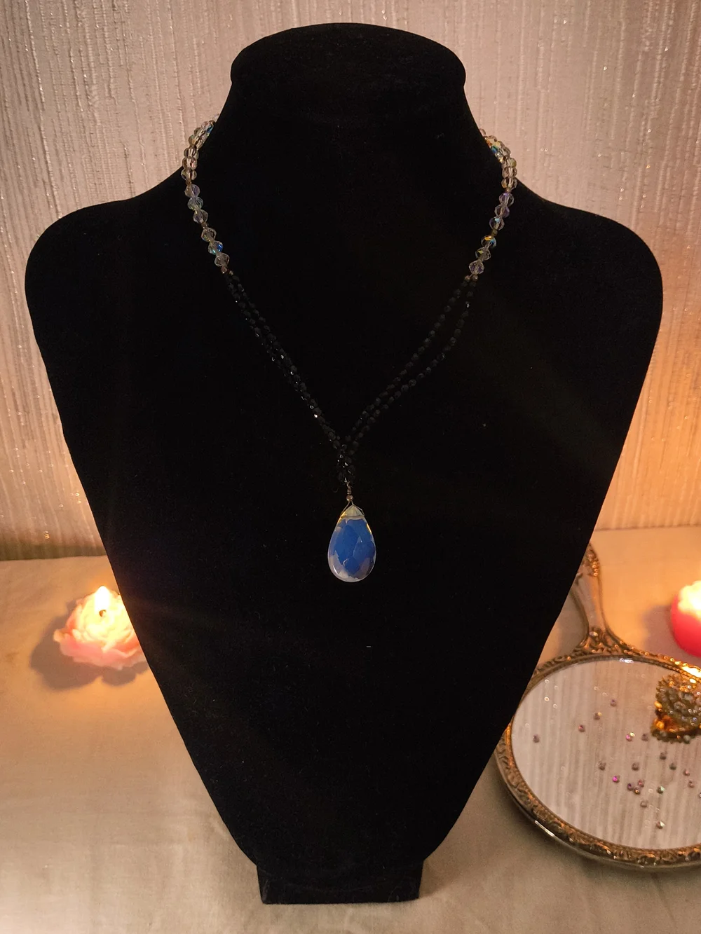 925 Sterling Silver Black Beaded Crystal Blue Teardrop Statement Necklace